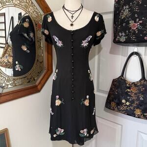 VTG Y2K Cache Black & Multicolor Floral Beaded Sequin Silk Button Down Dress